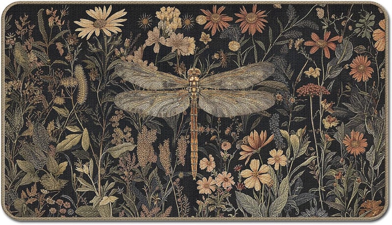 GTYNU Moody Floral Dragonfly Door Mat 17 x 30,Dark Cottagecore Botanical Dragonfly Doormat Gifts for Women,Funny Decorative Outdoor Mats for Front Door - Image 1